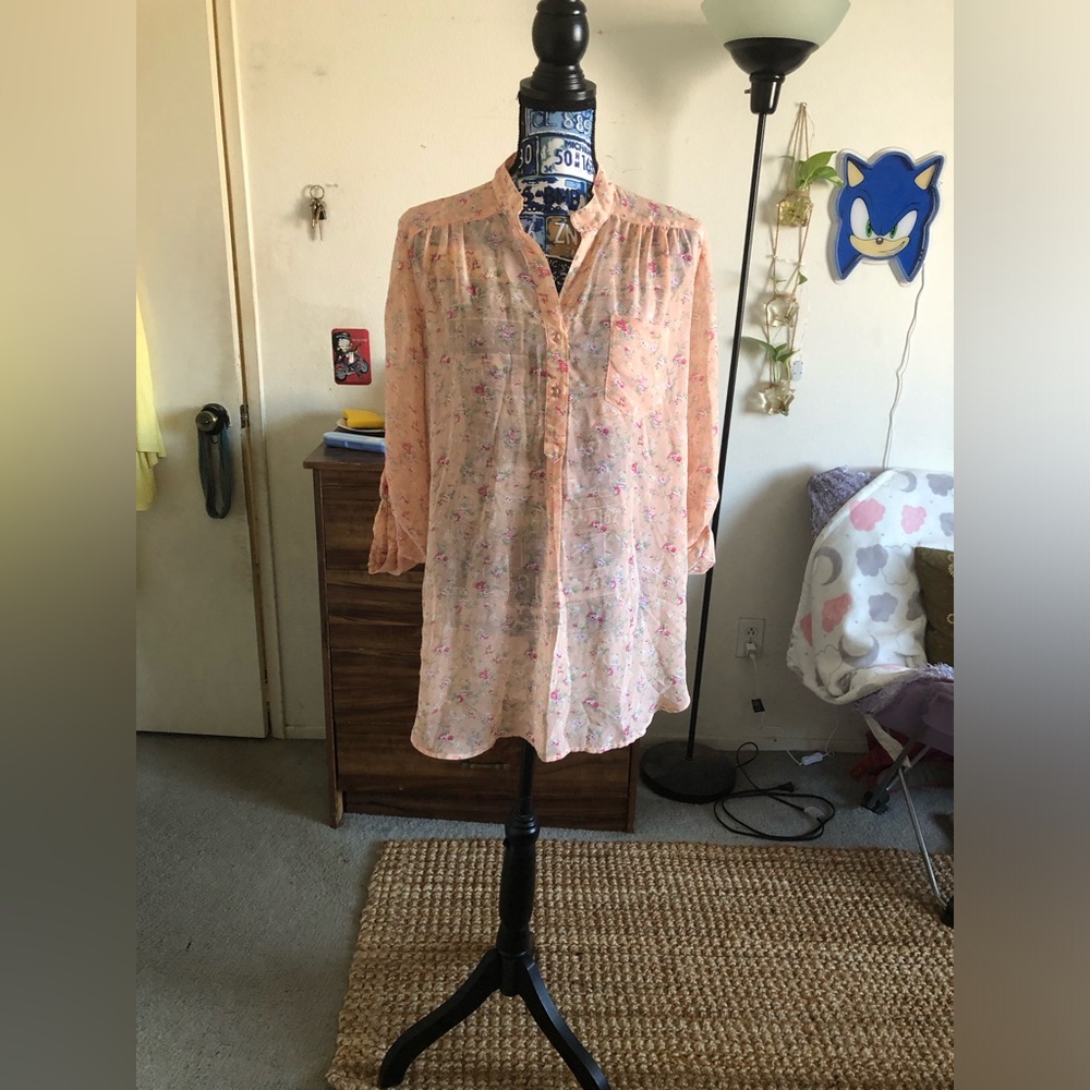 Sexy Women’s Floral Peach Sheer Button-Down Blouse